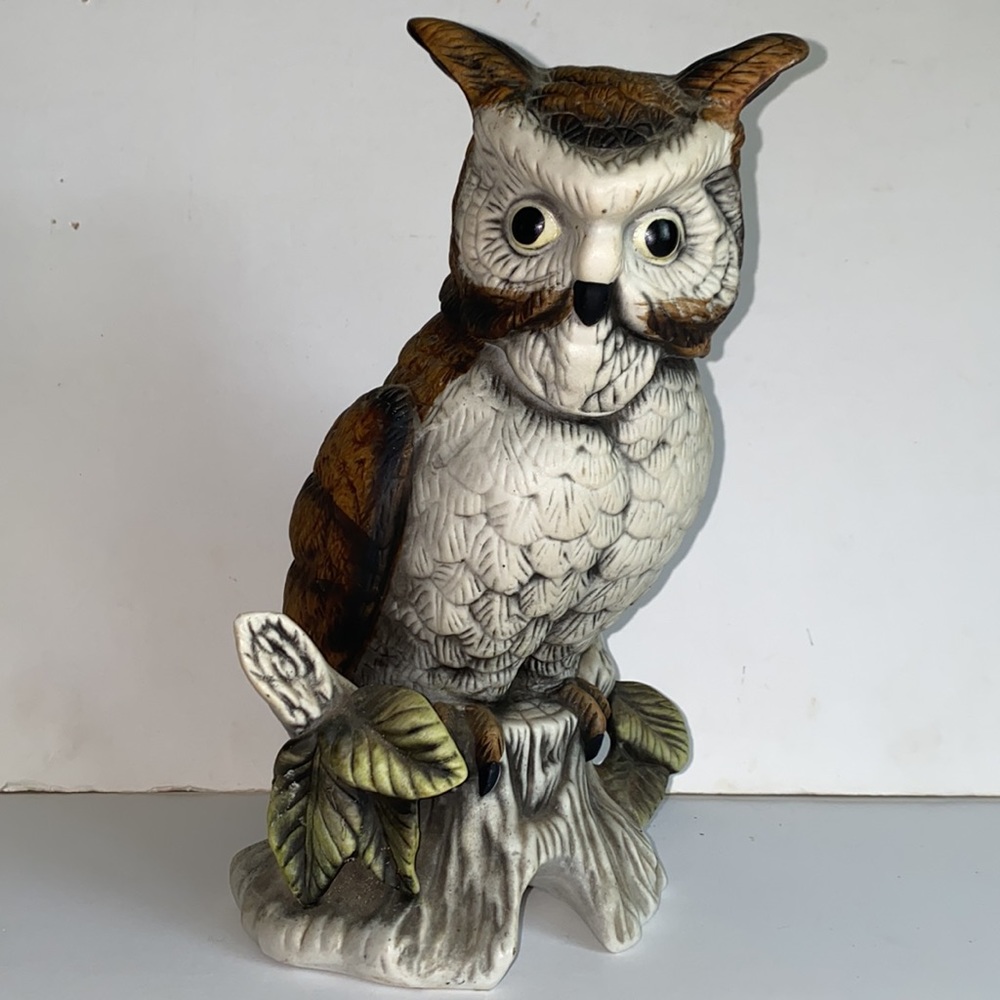 Vintage Flambro Large 10" Bisque Porcelain Owl Figurine